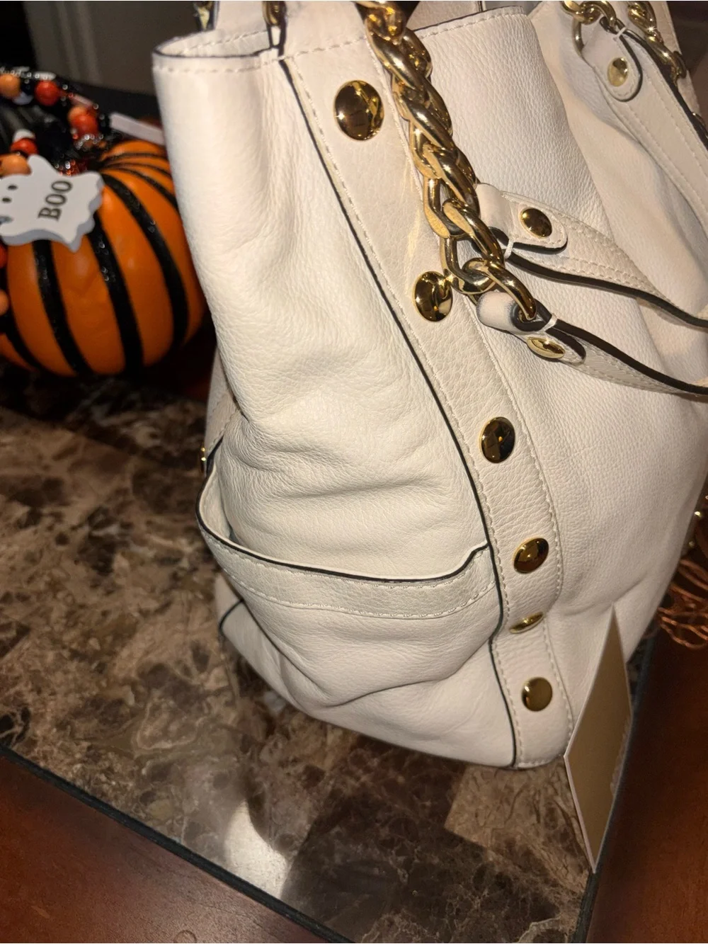 Michael Kors White Leather Shoulder Tote with Gold Chain Straps